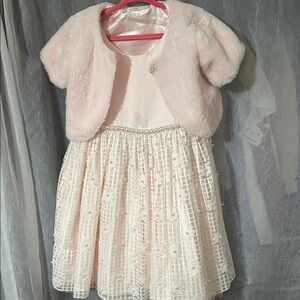 Pink and Cream Dress with Faux Fur Bolero